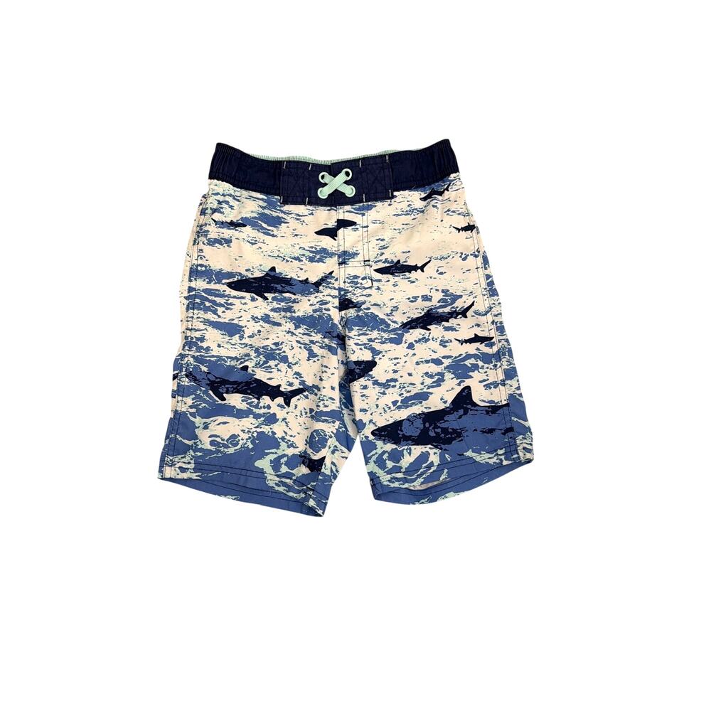 Cat & Jack Bathing Suit Blue White Shark Swim Trunks Board Shorts Medium 8/10